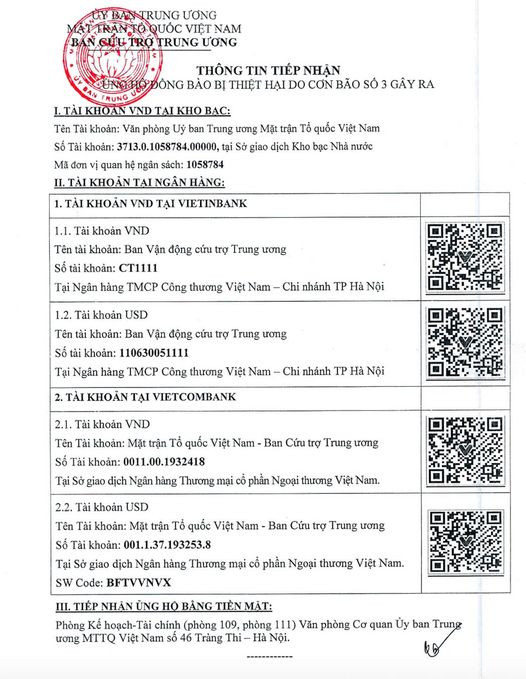 Nóng: Cập nhật số tài khoản của Trung ương tiếp nhận ủng hộ đồng bào bị thiệt hại do cơn bão số 3- Ảnh 1. Nóng: Cập nhật số tài khoản của Trung ương tiếp nhận ủng hộ đồng bào bị thiệt hại do cơn bão số 3- Ảnh 1.