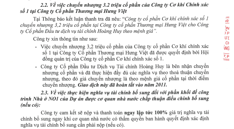 Tài chính Hoàng Huy (TCH) chính thức lên tiếng về kết luận của Thanh tra Chính phủ tại dự án 275 Nguyễn Trãi