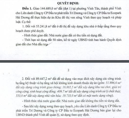 Quyết định giao đất của UBND tỉnh Nghệ An. Nguồn: 