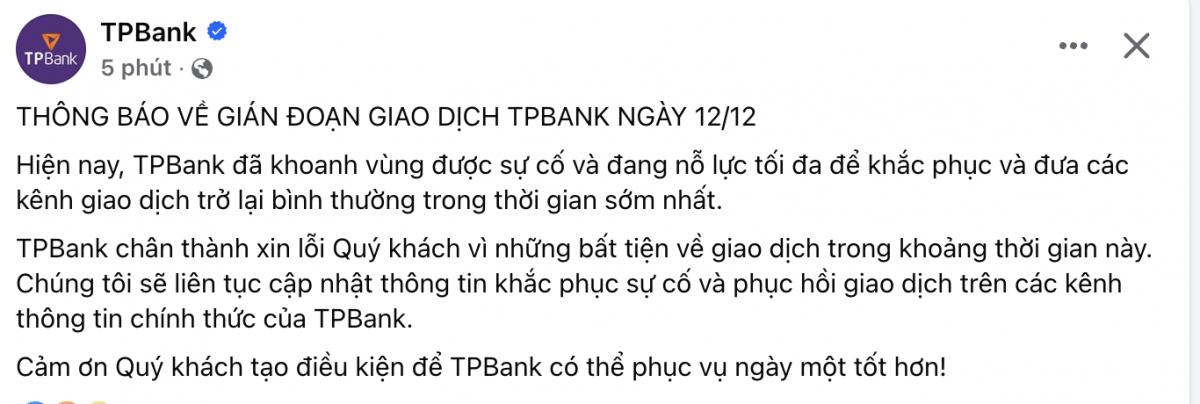 TPBank (TPB) tạm ngưng giao dịch trong ngày 12/12 do gặp sự cố