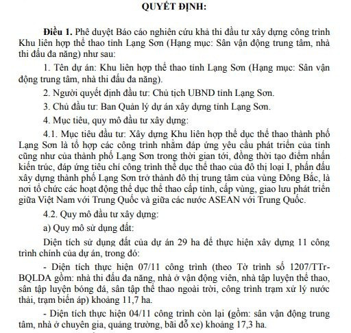 Quyết định phê duyệt dự án. Ảnh: UBND tỉnh Lạng Sơn